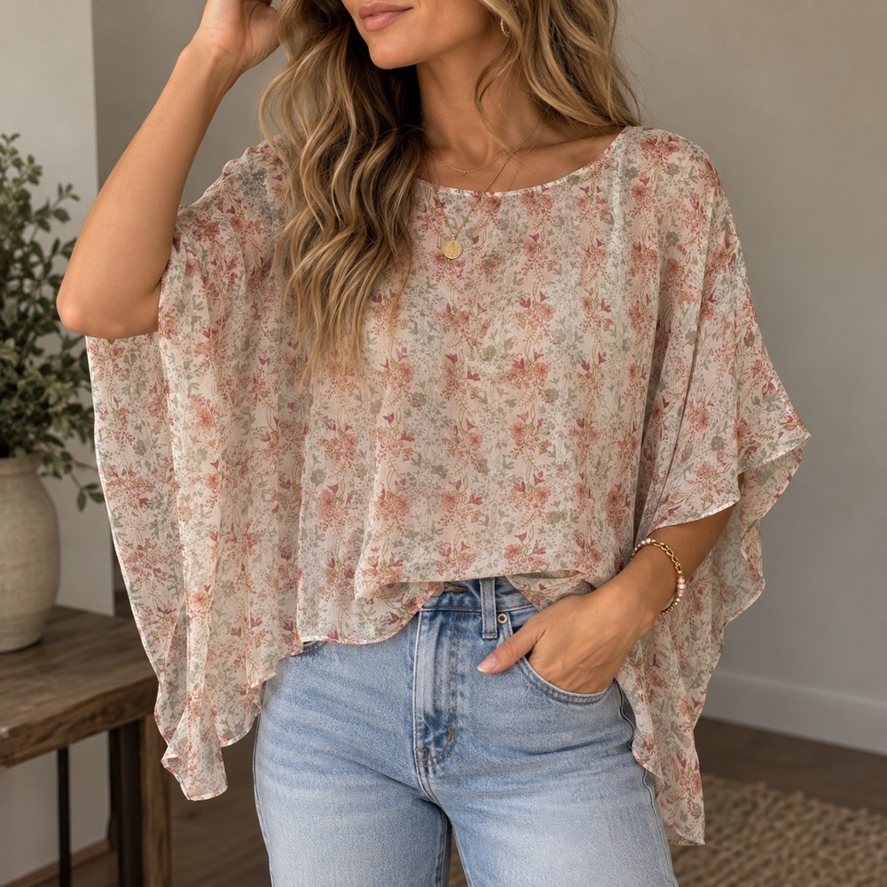 Floral Chiffon Poncho Top M Sheer Cottagecore Grandmacore Romantic Boho Y2K